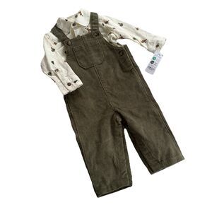 Carter's Baby Boy Corduroy Overall 2 pc Set Moose Green Xmas Woodland 6-9M NWT